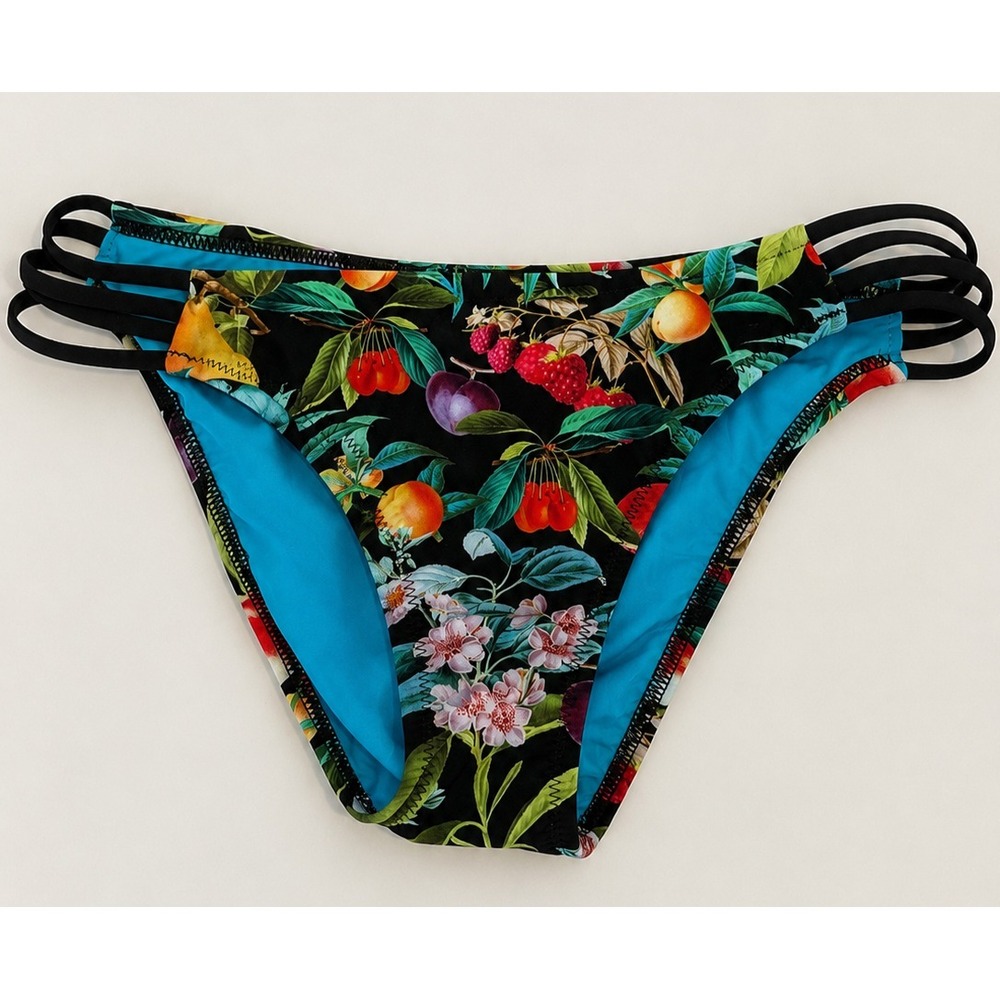 Nanette Lepore Botanical Fruit Print Bikini Bottoms Strappy Side Swim M NWT
